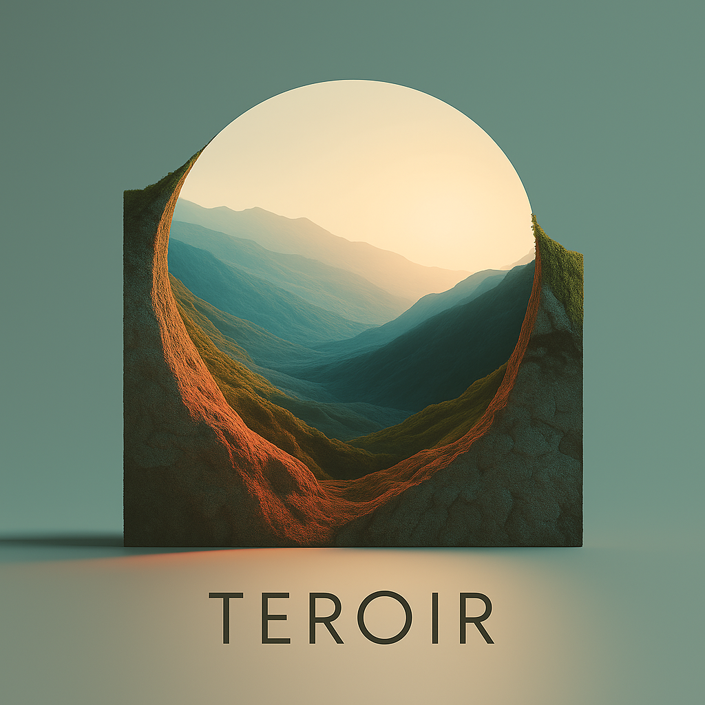 Teroir - Abstract landscape showing rolling hills at sunset through a circular cutout in a rock formation.